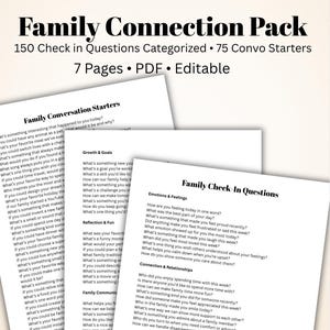 Può includere: Un pacchetto di suggerimenti stampabili per la connessione familiare. Il pacchetto include 150 domande di check-in suddivise in avviatori di conversazioni, crescita e obiettivi ed emozioni e sentimenti. Il PDF è modificabile e ha 7 pagine.