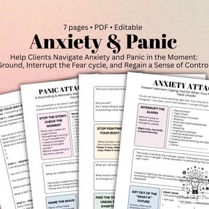 Peut inclure: Un document PDF modifiable de 7 pages intitulé Anxiety & Panic, comprenant des fiches de travail avec des outils pour gérer les crises de panique. Les pages incluent des sections comme Stop the Story, Interrupt the Alarm et Find Your Way Back.