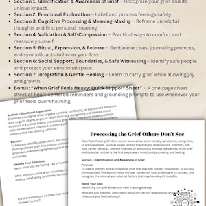 May include: Two white pages with text about grief processing, including sections on emotional exploration, cognitive processing, and self-compassion. The pages are titled "What's Included" and "Processing the Grief Others Don't See."