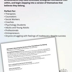 May include: A white document titled Section 5: Becoming the Version of You That Believes You Belong, featuring text about moving beyond imposter syndrome, self-doubt, and inner critics, with a Mind Shift Health logo in the bottom right corner.