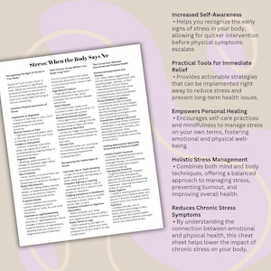 May include: A white and blue infographic titled "Stress: When the Body Says No" explains the connection between emotional and physical health, and provides tips for managing stress. The infographic includes sections on recognizing the signs of stress, how chronic stress affects the body, practical tools for immediate relief, empowering personal healing, holistic stress management, and reducing chronic stress symptoms.