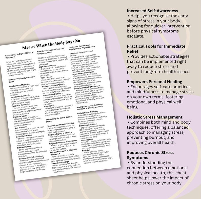 May include: A white and blue infographic titled "Stress: When the Body Says No" explains the connection between emotional and physical health, and provides tips for managing stress. The infographic includes sections on recognizing the signs of stress, how chronic stress affects the body, practical tools for immediate relief, empowering personal healing, holistic stress management, and reducing chronic stress symptoms.
