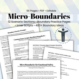 May include: A digital download titled "Micro-Boundaries" with 66 pages, featuring sections on scenarios, practice pages, inner scripts, and boundary ideas. The image includes text and a graphic of a person with outstretched arms.