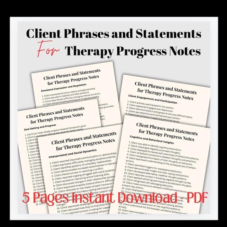 Therapy Progress Notes, Phrases & Statements (PDF Download) - Etsy