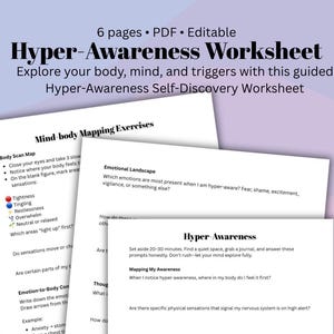 Puede incluir: Un conjunto de hojas de trabajo blancas con el título "Hyper-Awareness Worksheet" en negrita negra. Las hojas de trabajo incluyen indicaciones para el autodescubrimiento, ejercicios de mapeo corporal y exploración del paisaje emocional. El texto es negro.