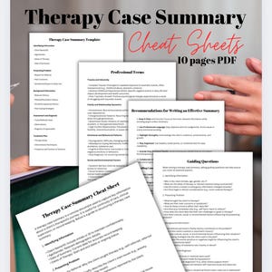 May include: A set of printable therapy case summary cheat sheets with a professional terms glossary, recommendations for writing an effective summary, and guiding questions. The cheat sheets are designed to help therapists document client information and create a comprehensive case summary.