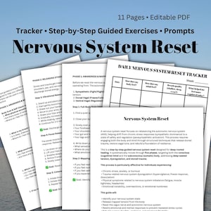 May include: A printable worksheet with a blue background and a title that reads "Nervous System Reset". The worksheet includes a daily tracker for monitoring how your body, mind, and breath feel. It also includes a section on how to release stored stress and trauma through guided exercises.