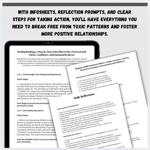 May include: A digital tablet displaying a Healing Roadmap action plan with black text on a white background. The screen shows steps for emotional resilience, self-worth affirmations, and daily reflection prompts for navigating relationships.