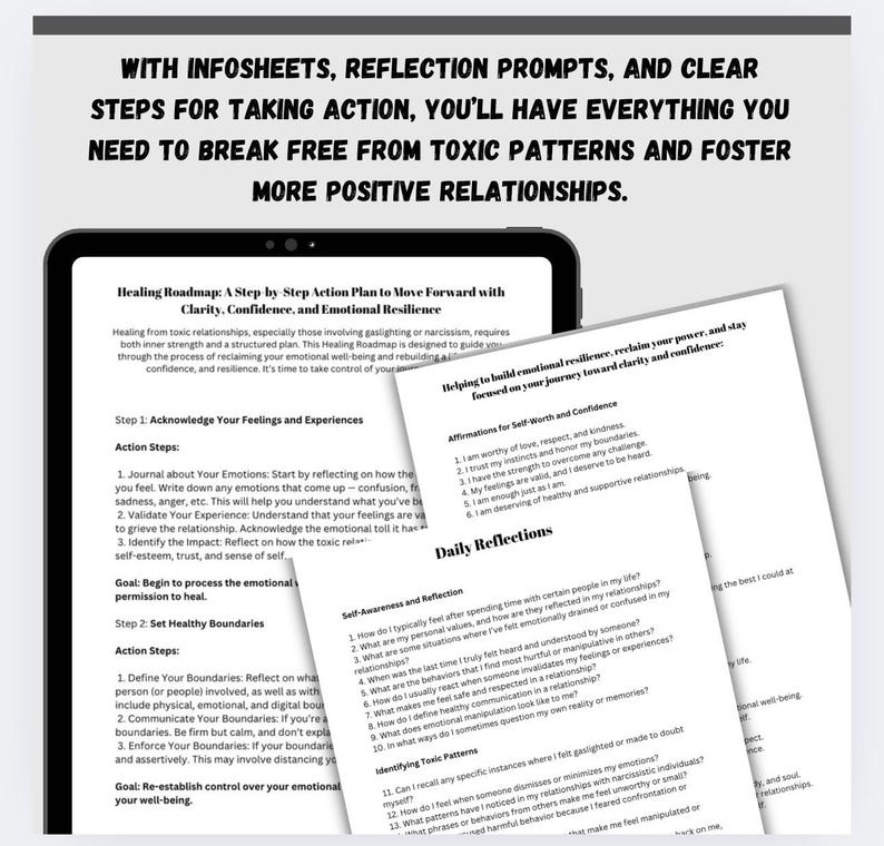 May include: A digital tablet displaying a Healing Roadmap action plan with black text on a white background. The screen shows steps for emotional resilience, self-worth affirmations, and daily reflection prompts for navigating relationships.