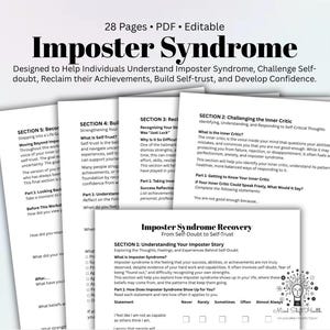 May include: A 28-page editable PDF document titled Imposter Syndrome. The pages contain sections on understanding imposter syndrome, challenging the inner critic, recognising strengths, building self-trust, and developing confidence with text.