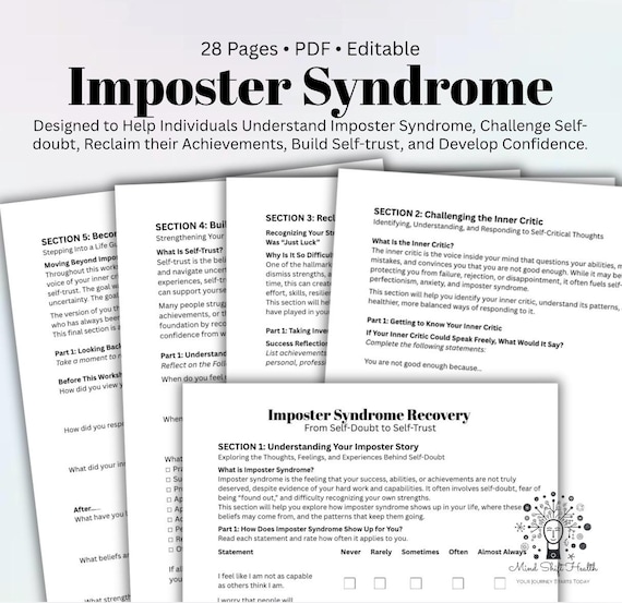 Imposter Syndrome Workbook Therapy Worksheets for Self-Doubt, Confidence Building, Self-Esteem & Self-Trust for Adults Therapist Resource