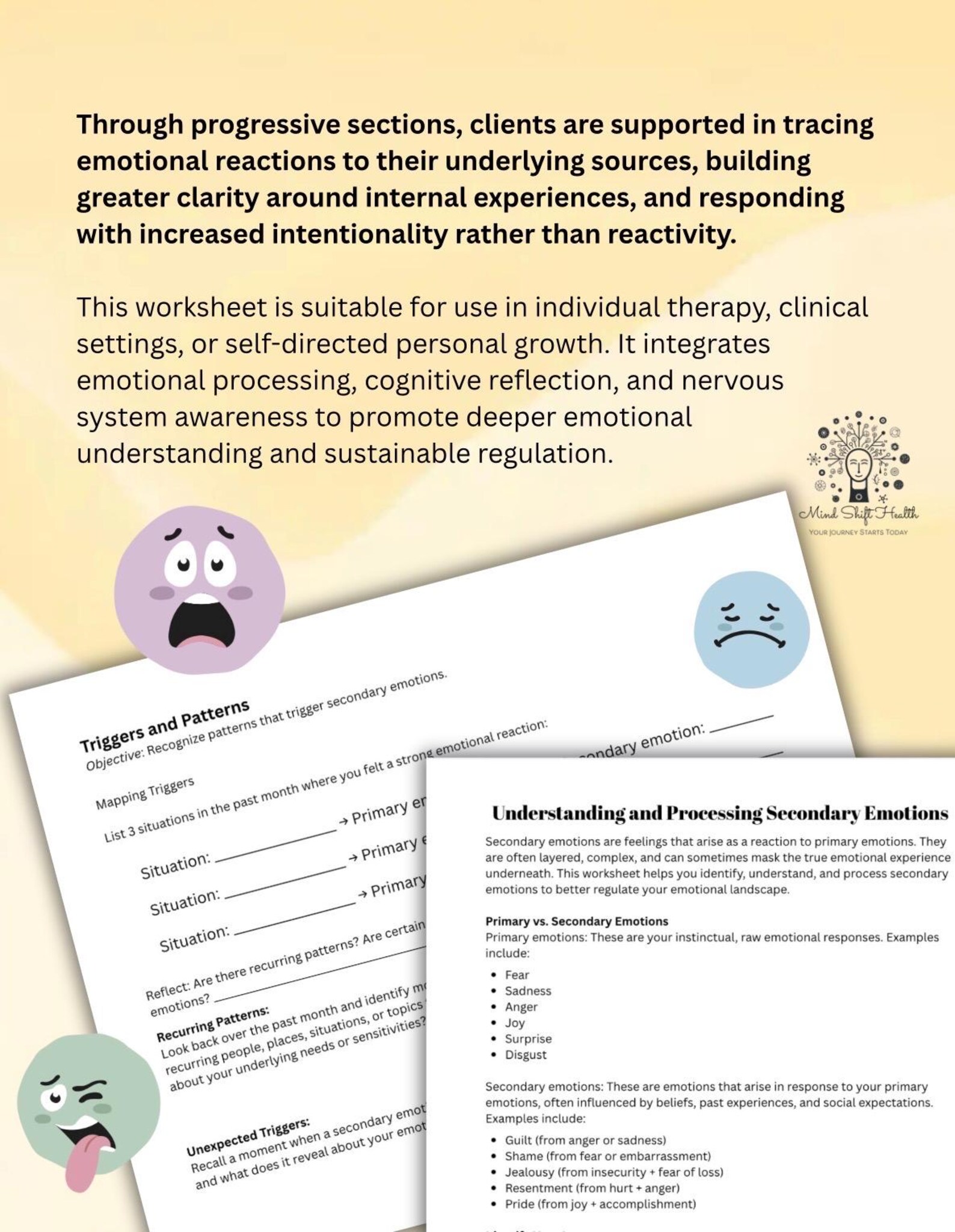 Secondary Emotions Worksheet Therapy Handout & Self-help Guided ...