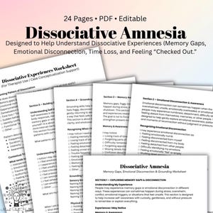 Puede incluir: Un conjunto de hojas de trabajo impresas tituladas "Amnesia Disociativa", diseñadas para ayudar a comprender las experiencias disociativas. Las hojas de trabajo son para uso terapéutico y cubren temas como lagunas de memoria y desconexión emocional. 24 páginas.