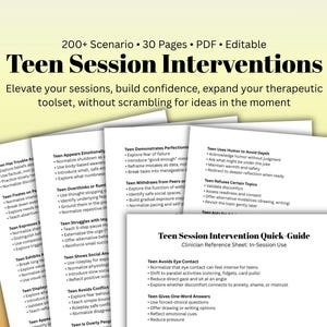 Op de afbeelding: Een digitaal document getiteld Teen Session Interventions met 200+ scenario's op 30 bewerkbare PDF-pagina's. De tekst schetst klinische strategieën voor het aanpakken van tienergedrag zoals het vermijden van oogcontact en perfectionisme.
