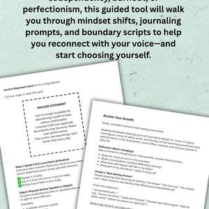May include: A self-help guide offering advice on overcoming codependency, burnout, or perfectionism. The document features prompts, scripts, and exercises for self-reflection and personal development. The pages are white with black text.