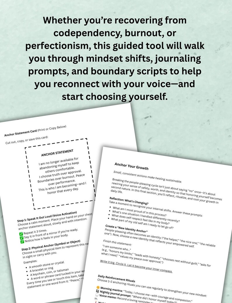 May include: A self-help guide offering advice on overcoming codependency, burnout, or perfectionism. The document features prompts, scripts, and exercises for self-reflection and personal development. The pages are white with black text.