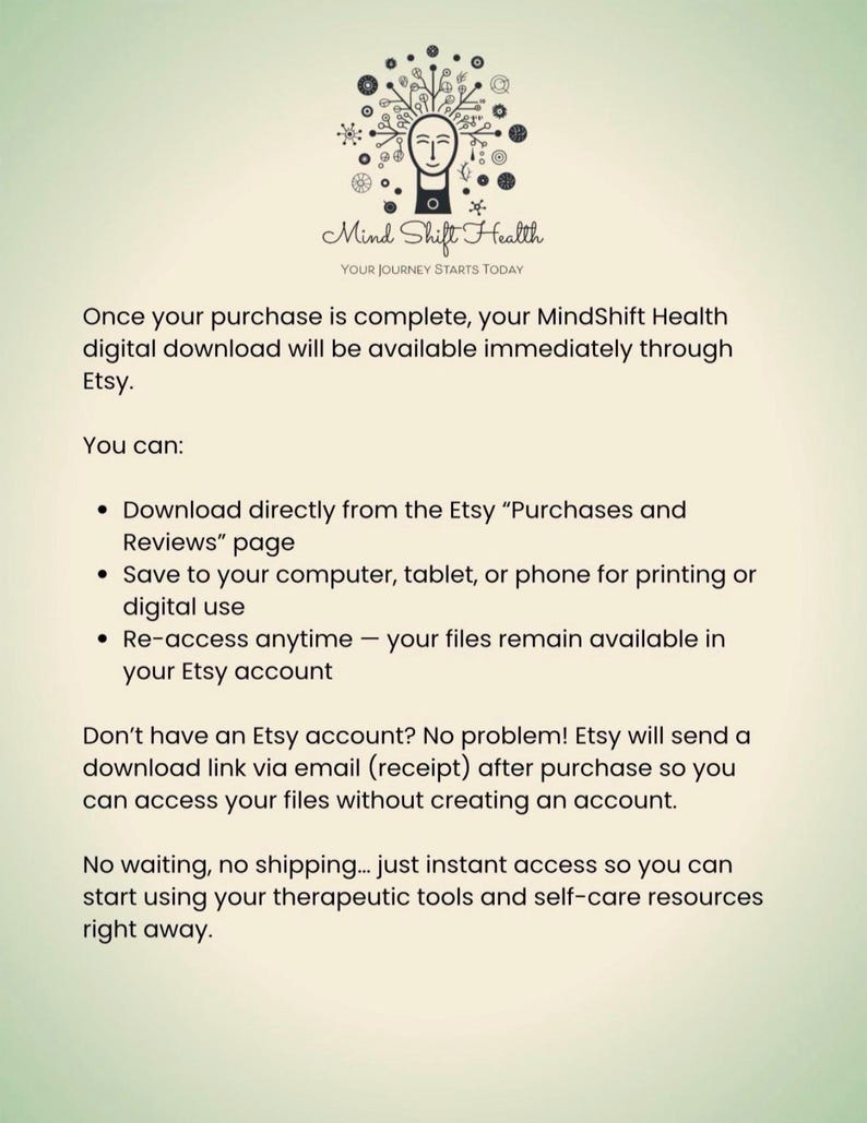 May include: A light green informational graphic featuring the Mind Shift Health logo at the top. The text explains the digital download process for Etsy purchases, including instructions for accessing files via the Purchases and Reviews page.
