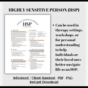 Può includere: Un foglio informativo bianco intitolato "HIGHLY SENSITIVE PERSON (HSP)" con punti elenco e testo. Il testo include "Infosheet / Client Handout - PDF - PNG - Instant Download". Il foglio informativo è progettato per aiutare le persone a orientarsi nella vita come HSP.