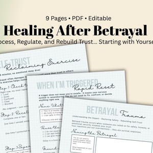 May include: Three printable worksheets titled "Healing After Betrayal" with exercises for self-trust, rapid reset, and betrayal trauma. The pages are white with black text and a light green background. The text includes the phrase "Starting with Yourself."