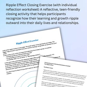 Puede incluir: Una hoja de trabajo para el "Ejercicio de Cierre del Efecto Ripple", una actividad reflexiva para adolescentes. Gu&iacute;a a los participantes para reconocer c&oacute;mo su aprendizaje y crecimiento pueden afectar sus vidas diarias. El texto incluye indicaciones para la autorreflexi&oacute;n.