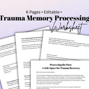 May include: A stack of white paper worksheets titled "Trauma Memory Processing Worksheet." The worksheets are designed to help with trauma recovery and include prompts for reflection and grounding exercises. The text on the worksheets is black.