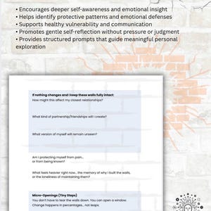 May include: A white paper with text about self-awareness and emotional insight, with a brick wall background. The paper includes prompts for self-reflection and the logo for Mind Shift Health.