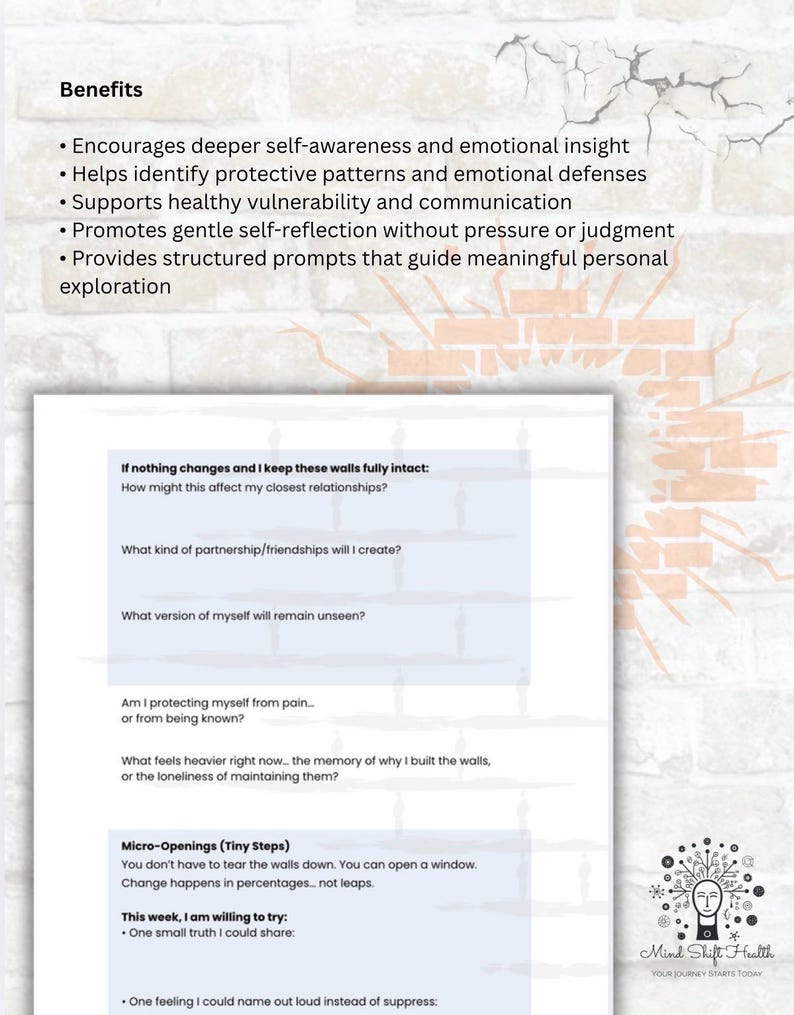 May include: A white paper with text about self-awareness and emotional insight, with a brick wall background. The paper includes prompts for self-reflection and the logo for Mind Shift Health.