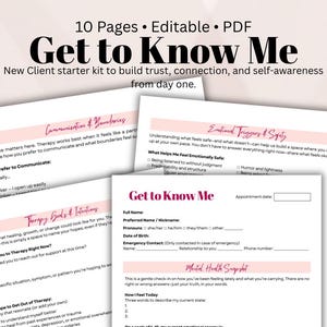 Puede incluir: Un kit de inicio para clientes titulado "Get to Know Me" con 10 páginas PDF editables. El kit incluye hojas de trabajo sobre comunicación, límites, desencadenantes emocionales y salud mental. El texto es en negro y rosa.