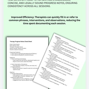 May include: A printable therapy progress notes cheat sheet with sections for client information, presenting problems, subjective feelings, objective observations, assessment, plan, and follow-up. The cheat sheet provides prompts and templates for therapists to document client progress.
