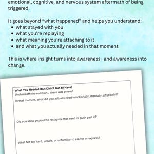 May include: A worksheet titled "The Aftermath No One Sees" with text about emotional processing. The document includes questions about needs and reactions. The background is a light blue watercolor wash.