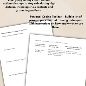 May include: Two white sheets of paper with text. The top sheet reads "Emergency Safety Plan" and "Personal Coping Toolbox." The bottom sheet has prompts for emergency contacts, safe places, and grounding activities. The text is in black.