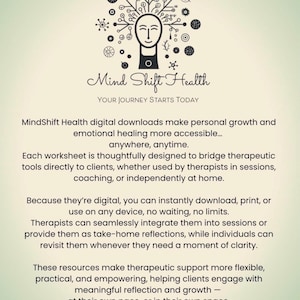 May include: A digital informational graphic with a light green background featuring a black logo of a stylized head with branching lines and circular icons. The text reads Mind Shift Health, Your Journey Starts Today, and describes digital downloads.