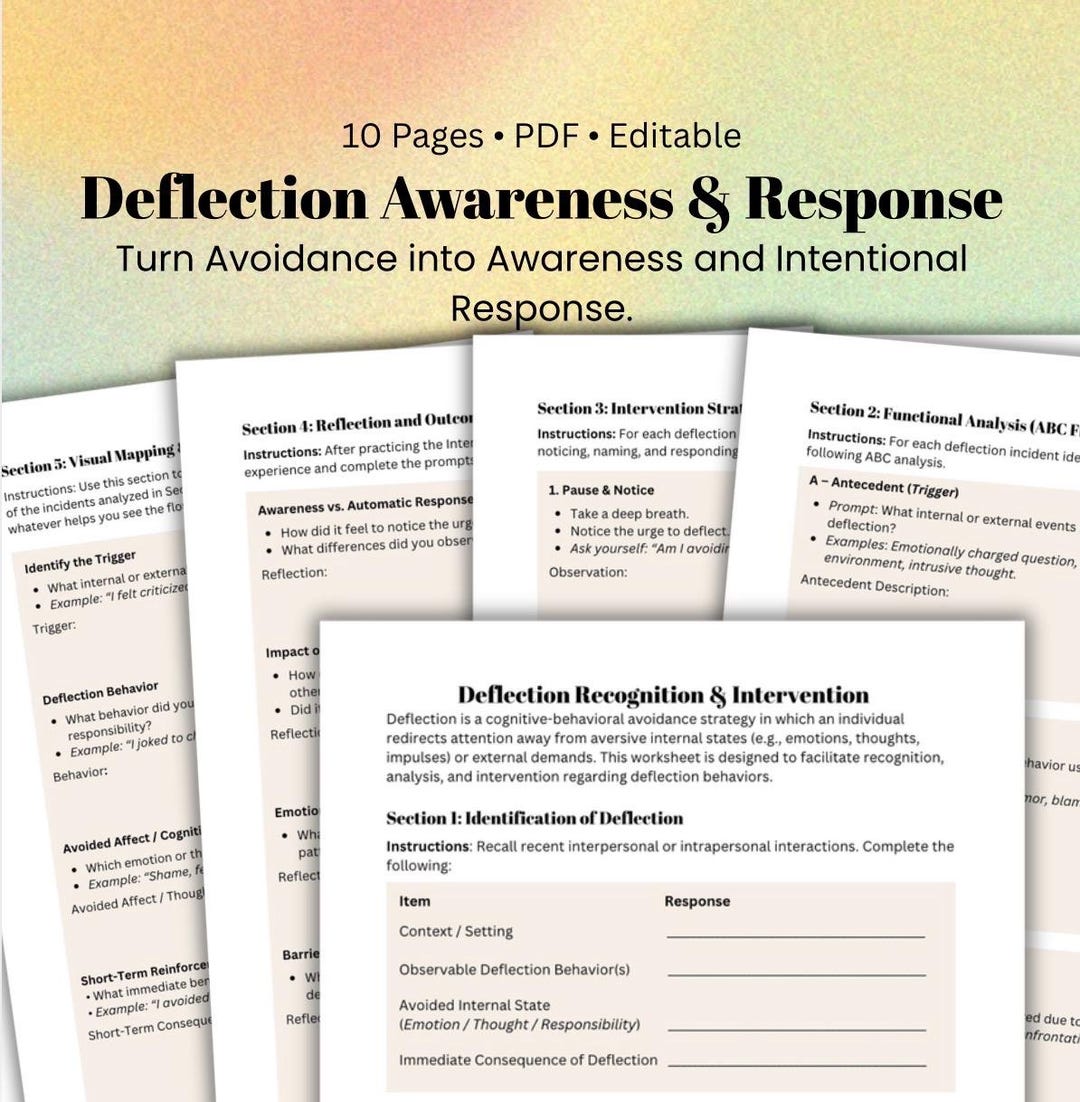 Deflection Awareness Worksheet CBT Therapy Printable for Emotional ...