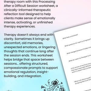 May include: A white worksheet titled Processing After a Difficult Session with black text prompts including What feels unresolved and What questions do I want to bring back. A small doodle of a sad face and scribbles appears at the bottom.