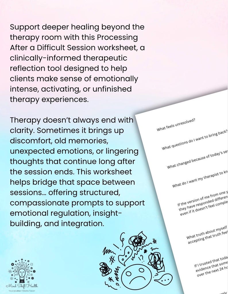 May include: A white worksheet titled Processing After a Difficult Session with black text prompts including What feels unresolved and What questions do I want to bring back. A small doodle of a sad face and scribbles appears at the bottom.