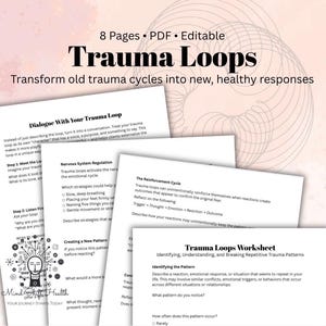 May include: A stack of white paper pages with the title "Trauma Loops" in bold black letters. The pages contain text and diagrams about understanding and breaking trauma patterns. The background is a soft pink with a circular design.