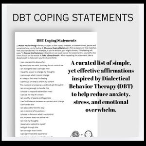 Foglio riassuntivo delle affermazioni di coping DBT, stampabile per il cliente, abilità di coping, accettazione radicale, regolazione emotiva, strumento per il terapeuta