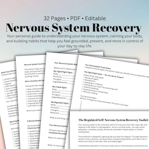 Puede incluir: Un cuaderno de trabajo digital de 32 páginas titulado "Nervous System Recovery". El texto de la portada dice: "Su guía personal para comprender su sistema nervioso". Las páginas interiores incluyen actividades, listas de verificación y indicaciones.