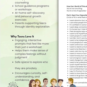 Pu&ograve; includere: Immagine con testo sulla terapia per adolescenti e esercizi di crescita personale. La grafica include un elenco di vantaggi e una sezione intitolata "Perch&eacute; piace agli adolescenti". Ci sono illustrazioni di adolescenti.