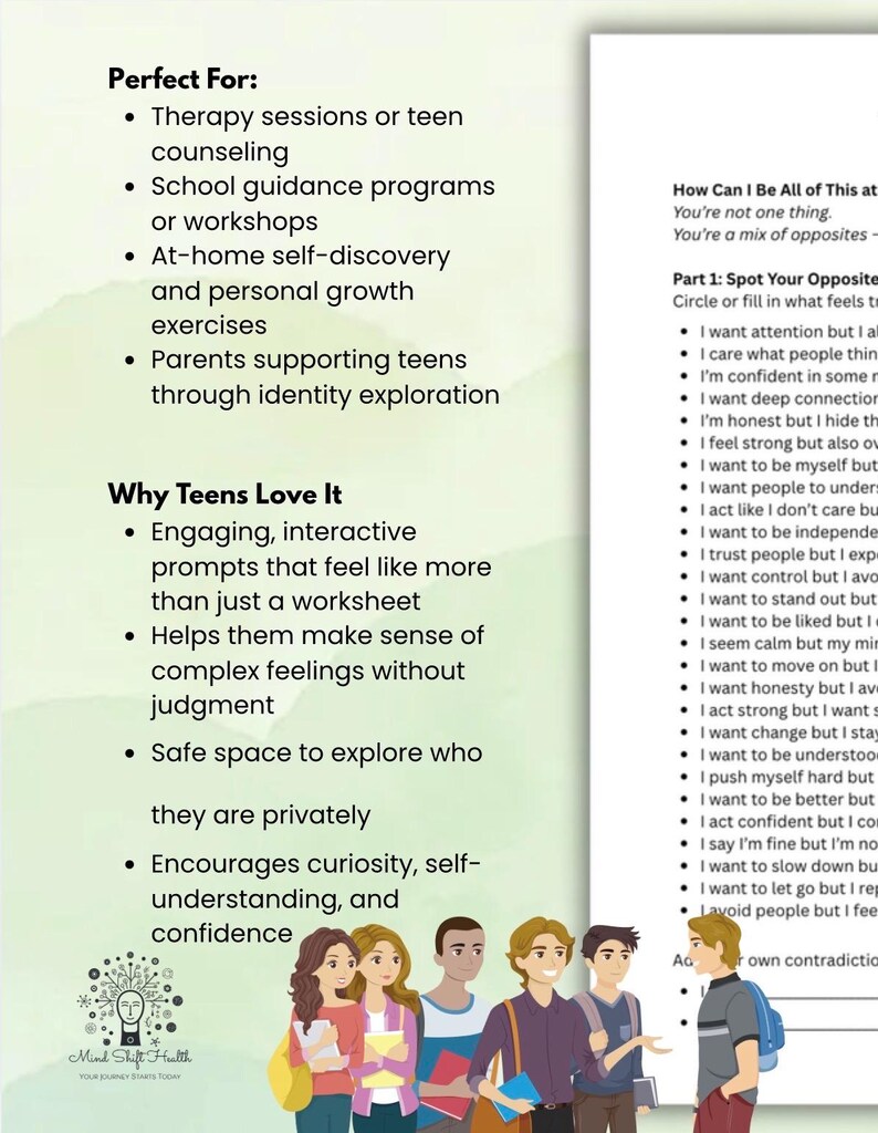 Pu&ograve; includere: Immagine con testo sulla terapia per adolescenti e esercizi di crescita personale. La grafica include un elenco di vantaggi e una sezione intitolata "Perch&eacute; piace agli adolescenti". Ci sono illustrazioni di adolescenti.