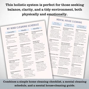 May include: A printable worksheet with a light blue background and white text. The worksheet is titled "My Mind Cleaning Schedule" and includes a daily, weekly, and monthly schedule for mental health and well-being. The worksheet also includes a section titled "Mental House Cleaning" with daily, weekly, and monthly tasks for cleaning up your mental space.