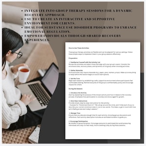 Op de afbeelding: Een document met een lijst van stappen voor groepstherapie-activiteiten. Het document bevat een sectie met de titel "Hoe deze activiteiten te gebruiken" en somt de stappen voor de voorbereiding en tijdens de sessie op.