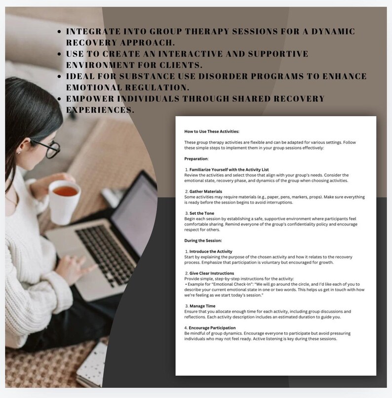 Op de afbeelding: Een document met een lijst van stappen voor groepstherapie-activiteiten. Het document bevat een sectie met de titel "Hoe deze activiteiten te gebruiken" en somt de stappen voor de voorbereiding en tijdens de sessie op.