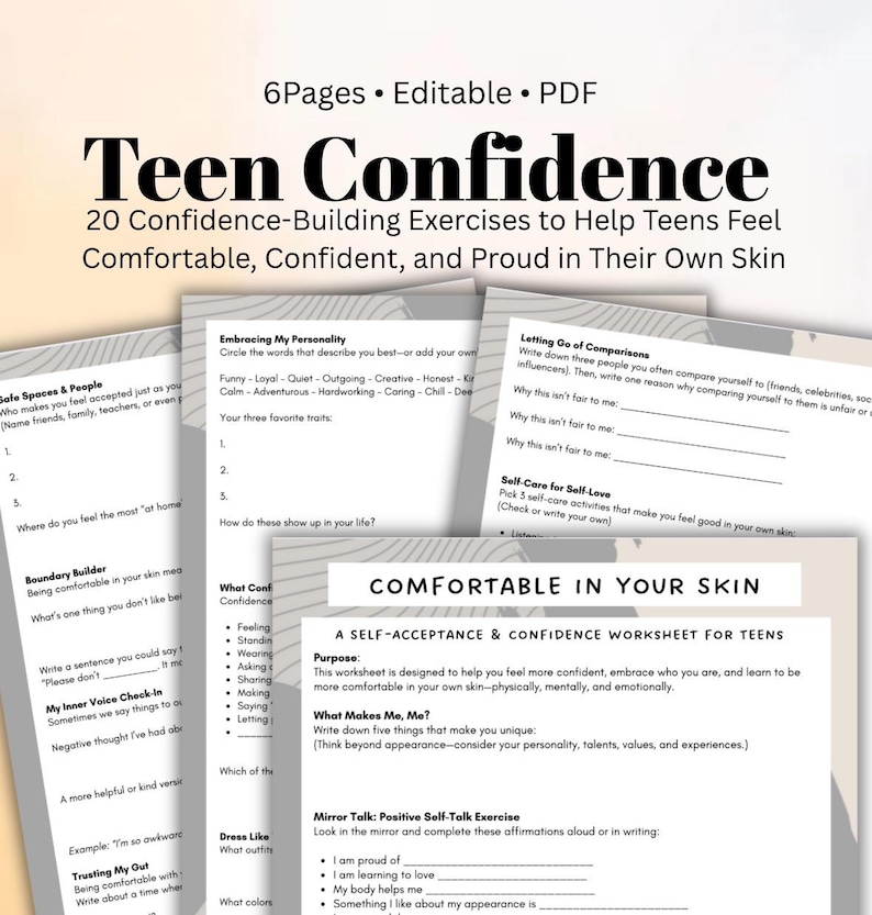 May include: A printable worksheet designed to help teenagers build confidence and self-acceptance. The worksheet includes prompts and exercises to help teens feel comfortable in their own skin. The worksheet is titled "Comfortable in Your Skin: A Self-Acceptance & Confidence Worksheet for Teens".