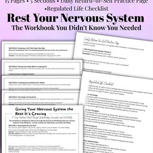 May include: A workbook titled "Rest Your Nervous System: The Workbook You Didn't Know You Needed" with a colorful, layered design. The cover features a section of the text "Giving Your Nervous System the Rest It's Craving" with a blue background. The workbook is designed to help people understand and manage their nervous system.