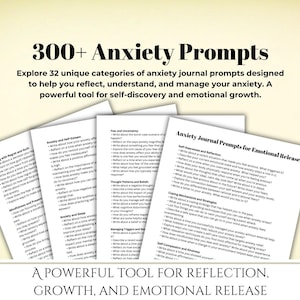 May include: A printable worksheet with 300+ anxiety journal prompts designed to help you reflect, understand, and manage your anxiety. A powerful tool for self-discovery and emotional growth.