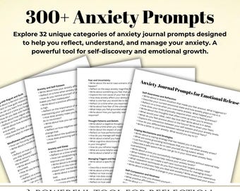 May include: A printable worksheet with 300+ anxiety journal prompts designed to help you reflect, understand, and manage your anxiety. A powerful tool for self-discovery and emotional growth.