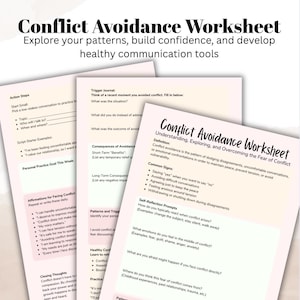 May include: A printable worksheet with pink and white text on a light pink background. The worksheet is titled "Conflict Avoidance Worksheet" and includes sections for understanding, exploring, and overcoming the fear of conflict. The worksheet includes prompts for self-reflection and identifying personal conflict patterns.