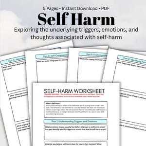 Könnte beinhalten: Ein druckbares Arbeitsblatt mit dem Titel "Self-Harm Worksheet" mit einem Trigger-Hinweis. Das Arbeitsblatt ist in fünf Abschnitte unterteilt: "Muster identifizieren", "Alternativen erforschen", "Selbstmitgefühl", "Vorwärts bewegen" und "Trigger und Emotionen verstehen".
