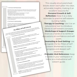May include: A printable worksheet with six pillars of self-esteem. The pillars are: Living Consciously, Self-Acceptance, Self-Responsibility, Self-Assertiveness, Living Purposefully, and Self-Esteem. The worksheet is a great resource for personal growth, therapy, coaching, workshops, journaling, and goal setting.